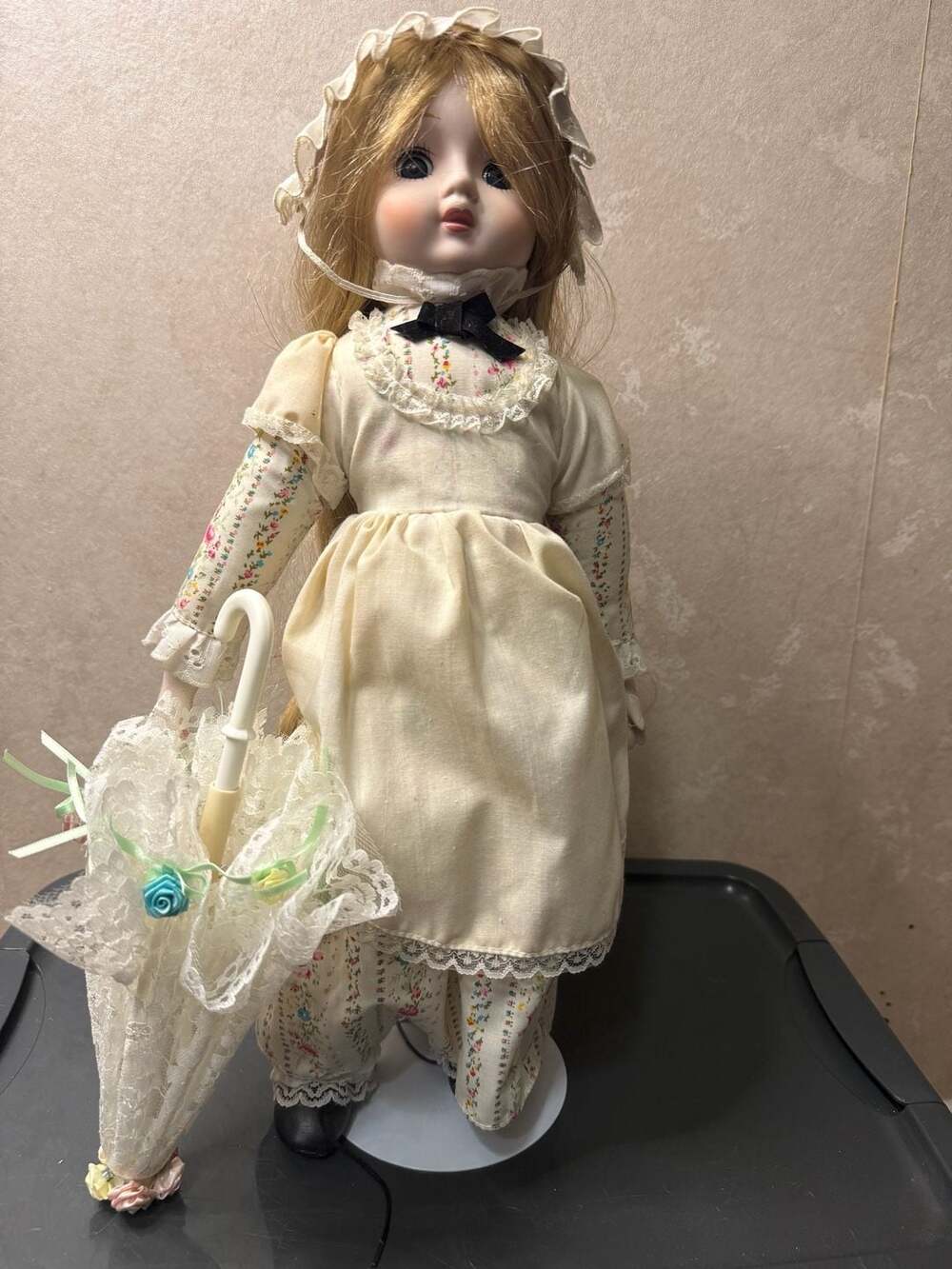 Vintage Porcelain Collector Doll Blonde Hair Floral Dress With Umbrella